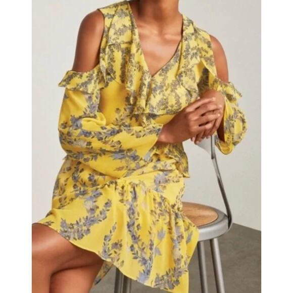 BCBGMaxAzria Dress Womens X Small Marigold Yellow Blue Floral Cold Shoulder Mini - Picture 1 of 12